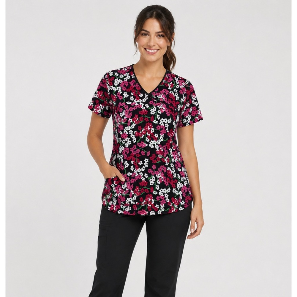 Dickies Medical Scrub Top Womens Small Black Pink Floral Cotton Pockets Tie Back